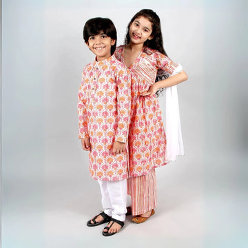 Multicolor Floral Printed Kurta-Pyjama & Anarkali Pants Brother-Sister Set