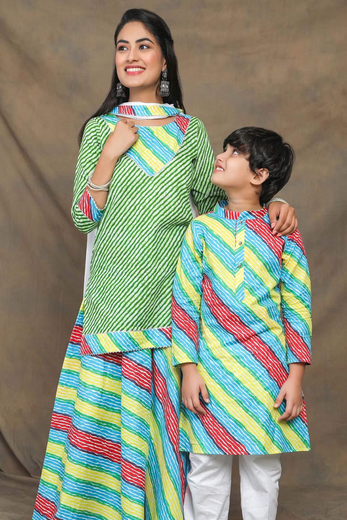 Vibrant Green And Multicolored Leheriya Mother and Son Twin Set