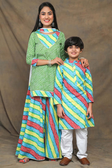 Vibrant Green And Multicolored Leheriya Mother and Son Twin Set
