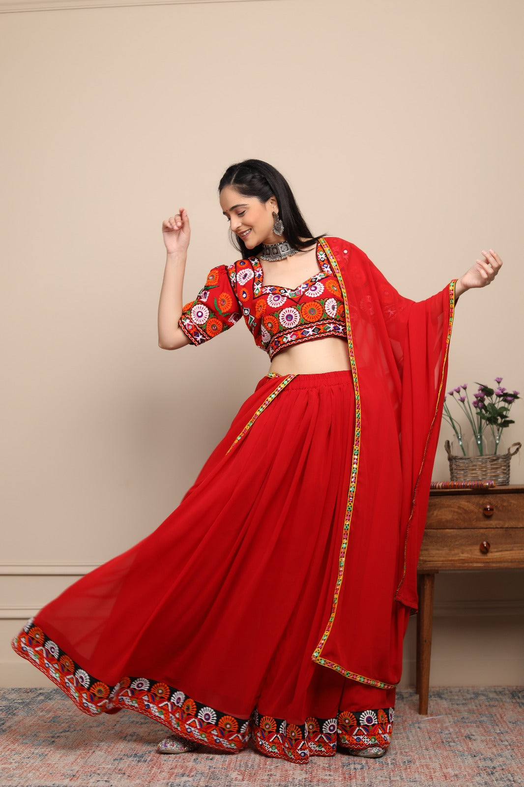 Exclusive Hand Embroidered Ethnic  Red Chaniya Choli Set with Matching Dupatta For Women