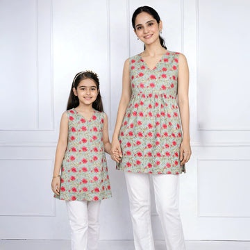 Green Floral Meadow Match Set For Mom & Daughter