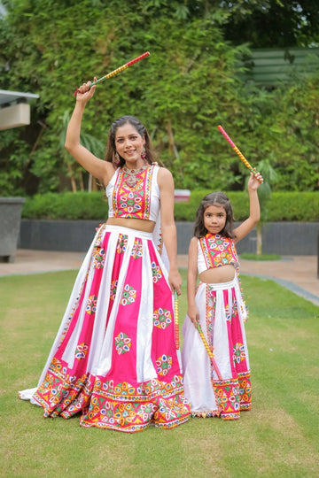 White And Pink Embroidered Lehenga Choli For Mom And Daughter
