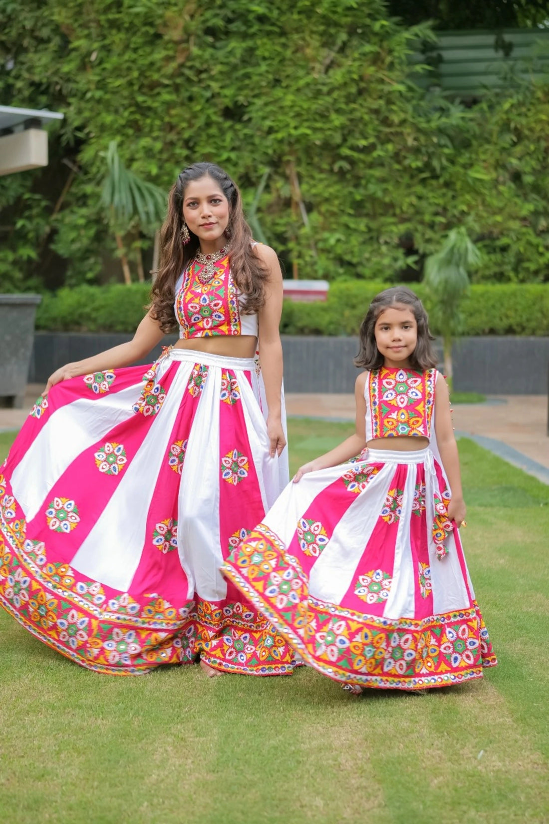 White And Pink Embroidered Lehenga Choli For Mom And Daughter