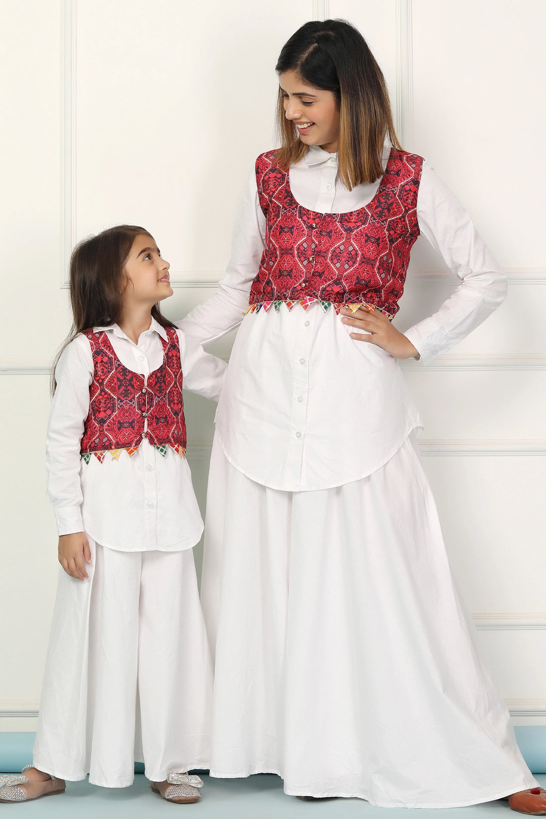 Sparkling White Ghaghara Set: Mom and Daughter Matching Outfit with Printed Jacket