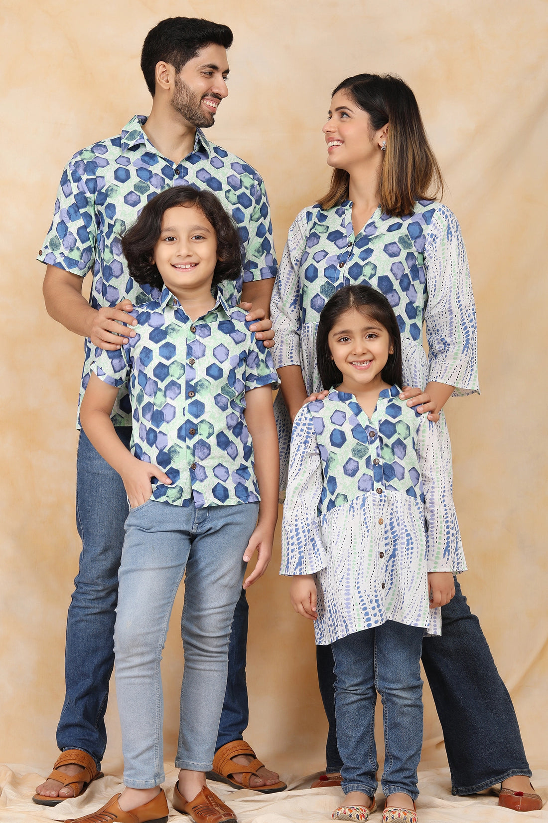 White & Blue Block Printed Family Matching Tops and Shirts Set - Coordinated Outfits