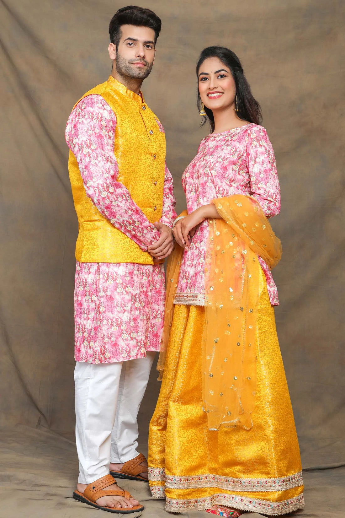 Sunny Yellow and Fuchsia floral Brocade Couple Twin Set