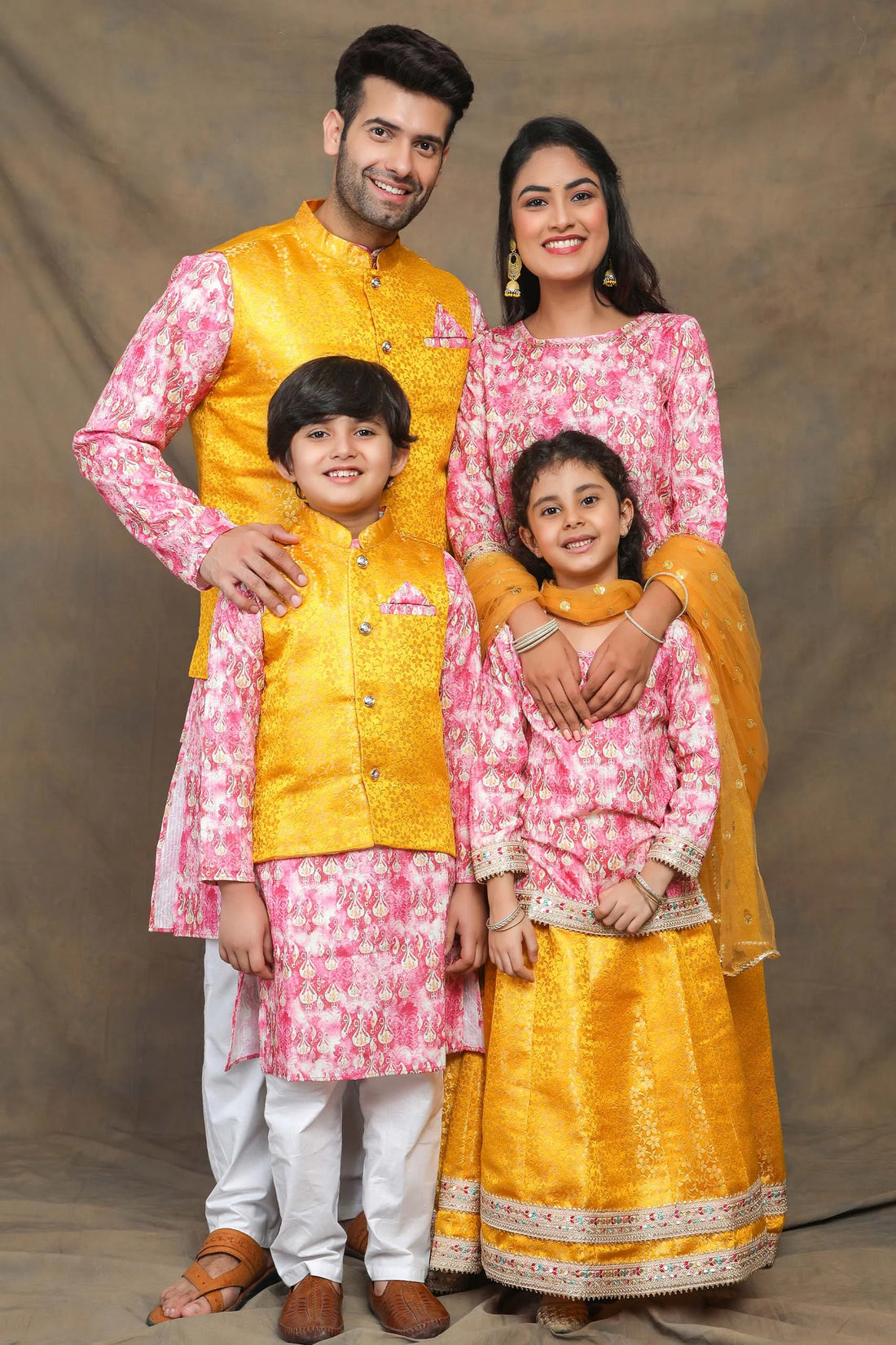 Sunny Yellow and Fuchsia floral Brocade Family Twin Set