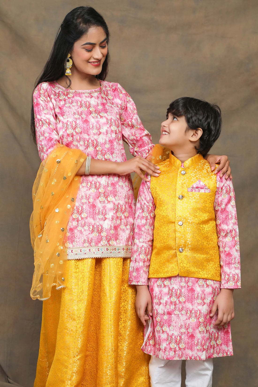 Sunny Yellow and Fuchsia floral Brocade Mother and Son Twin Set