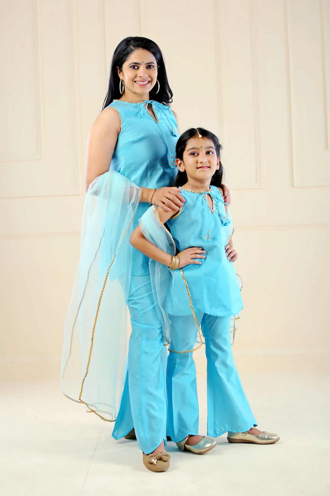 Aqua Blue Mother and Daughter Matching Hanna Sharara Suit Set