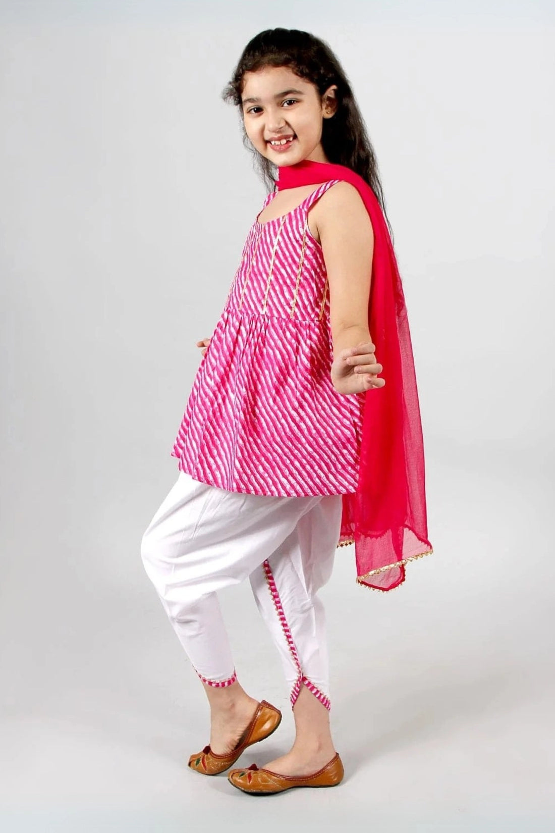 Fuchsia Leheriya Kurta-Pyjama With Kurta - Dhoti For Brother& Sister Set