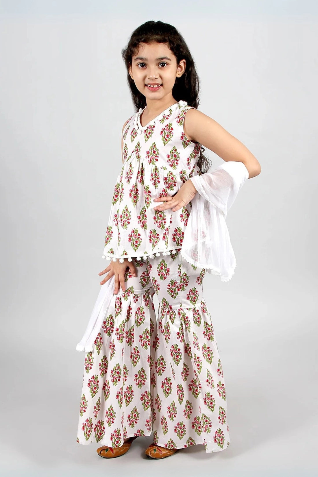 White and Red Block Printed Kurta-Pyjama & Kurta- Sharara For Brother& Sister Set