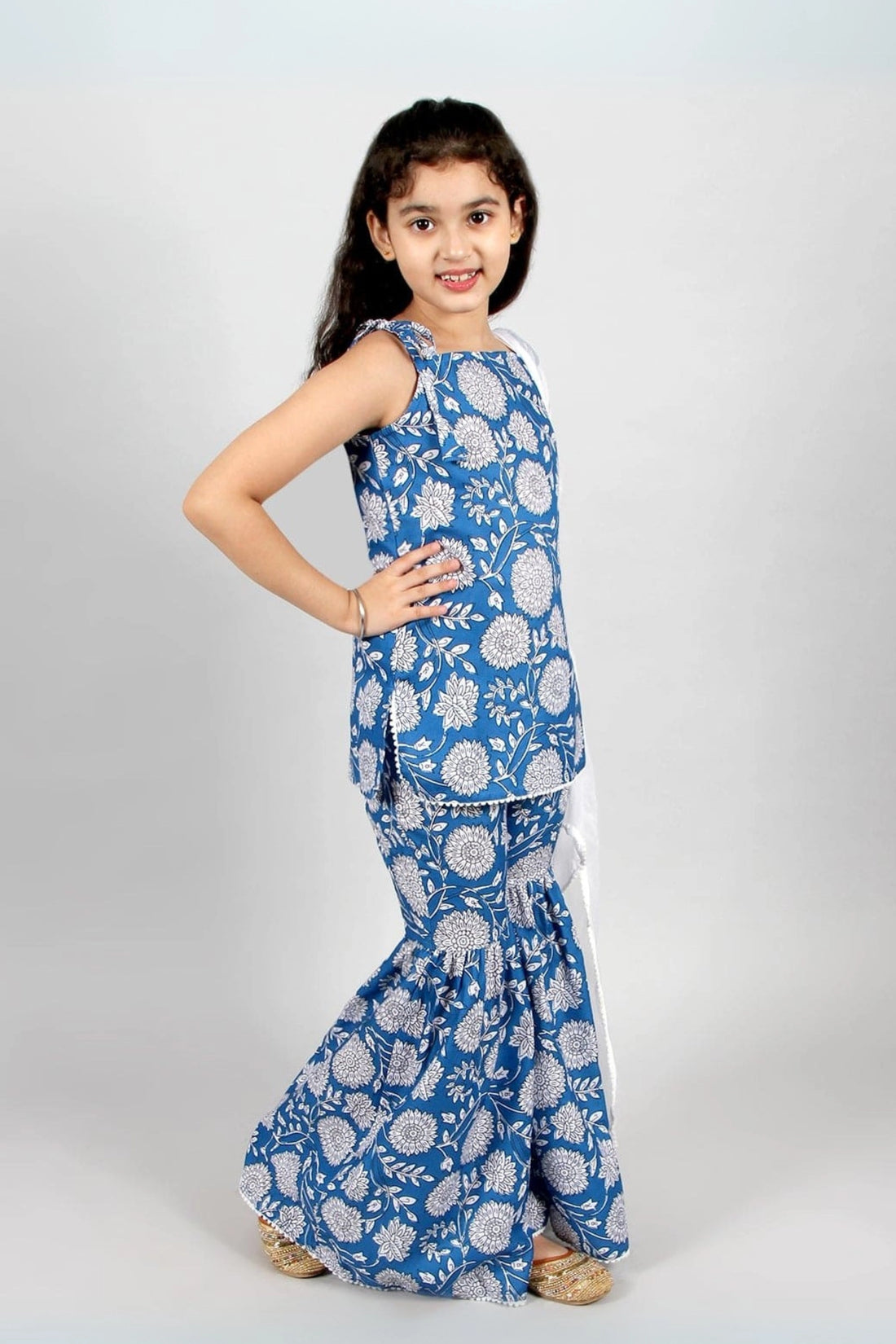 Blue Floral Print Shirt With Kurta Sharara For Brother& Sister Set