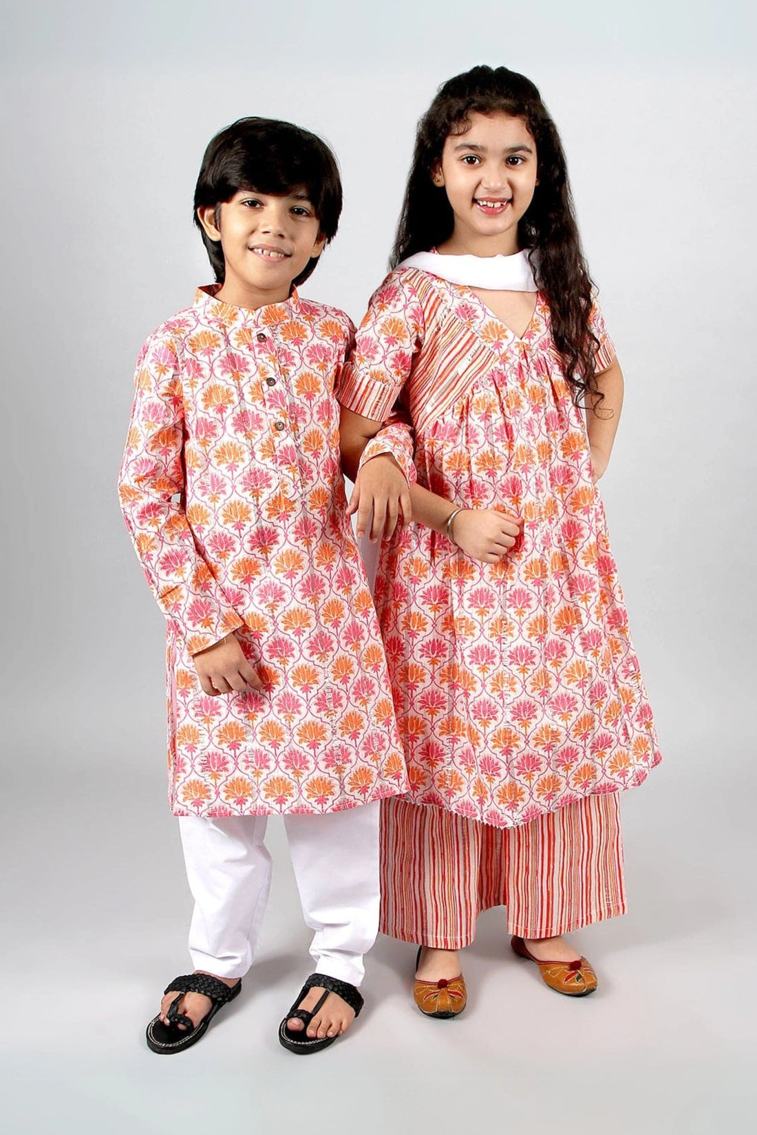 Multicolor Floral Printed Kurta-Pyjama & Anarkali Pants Brother-Sister Set