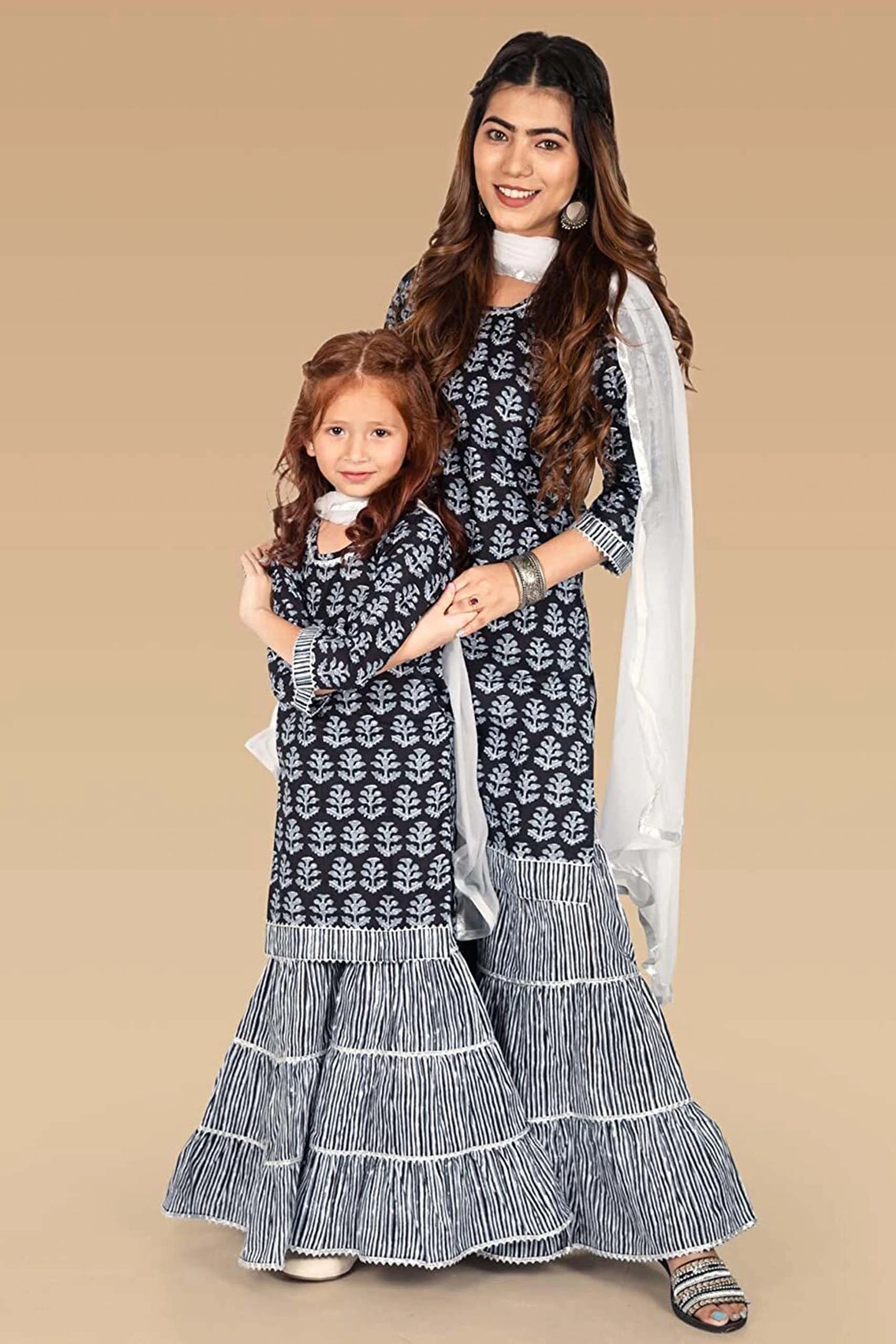 Black and White printed Sharara Suit Set ( Mom & Daughter Twin Set )