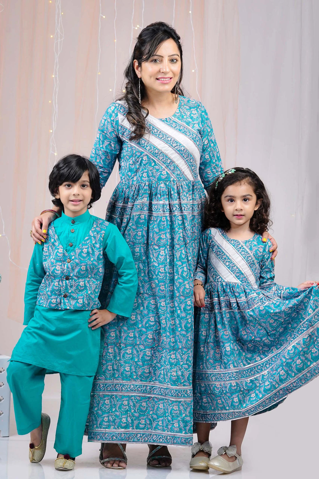 Teal Block Printed Suit With Matching Kurta Pyjama Family Set