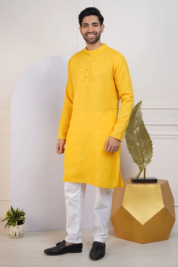 Sunshine Yellow Kurta and Crisp White Pyjama Set for Men