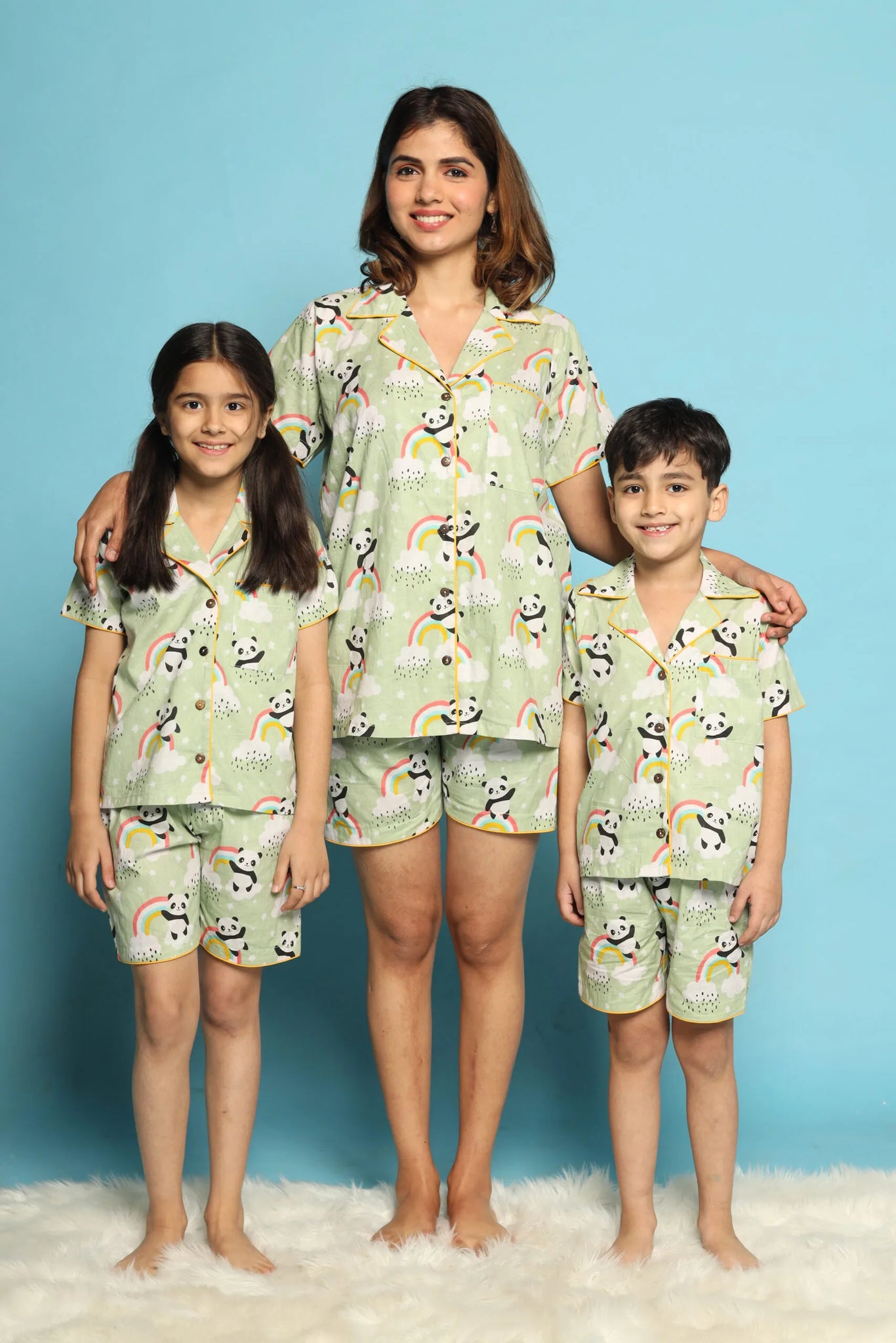 Family Matching Nightsuit in Sea Green with Fun Panda and Rainbow Prin