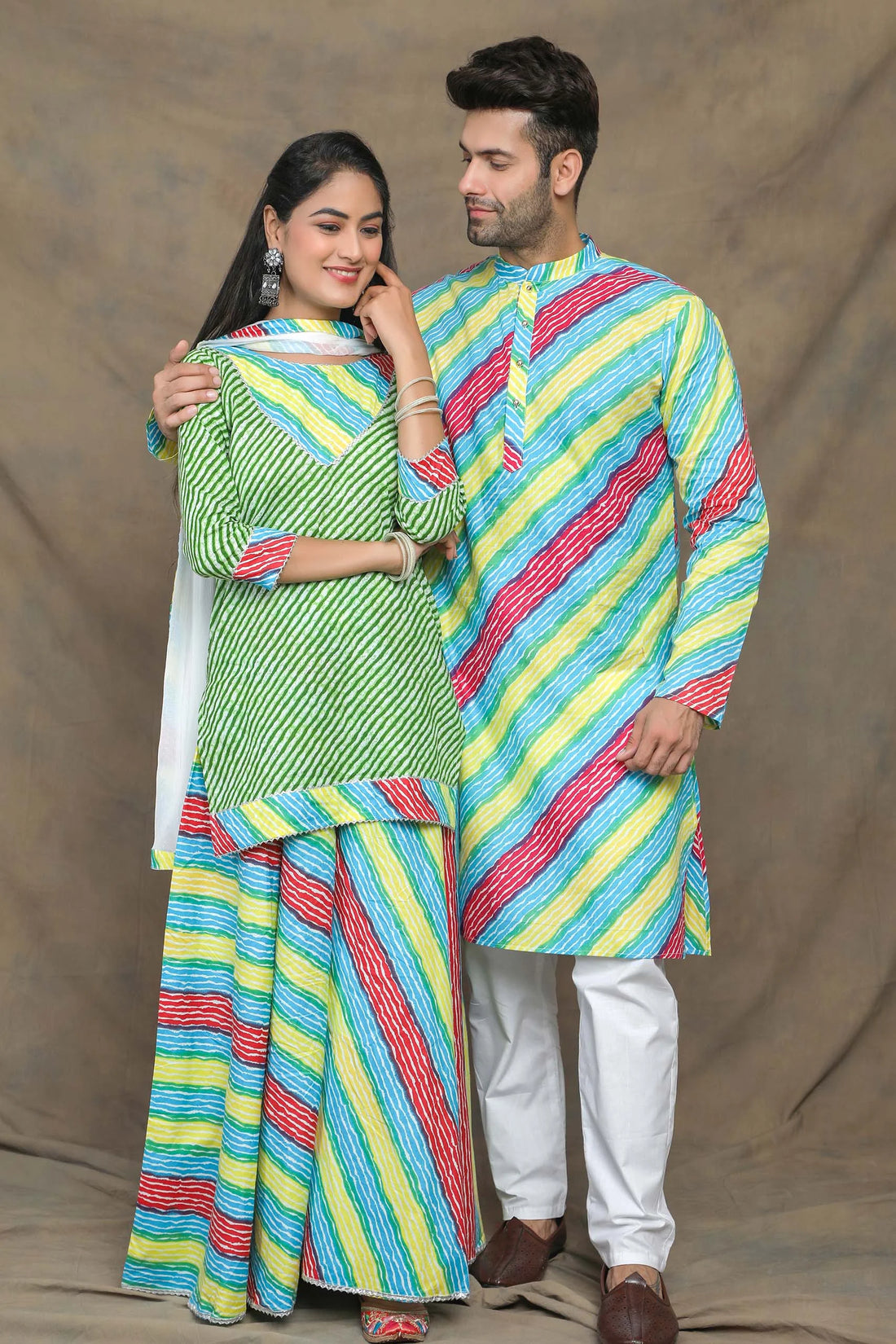 Vibrant Green And Multicolored Leheriya Couple Twin Set