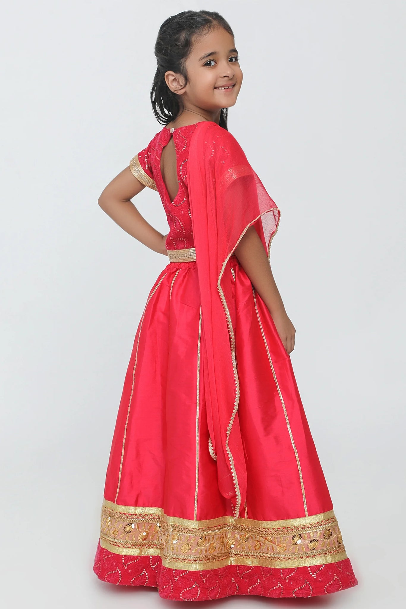 Babyhug Sleeveless Zari with Sequenced Choli with  Embroidered Lehenga  and Dupatta Set - Fuschia
