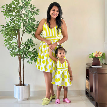 Vibrant Green Polka Dot Matching Dresses for Mom and Daughter