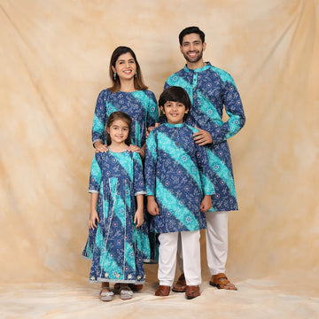 Stunning Blue and Navy Leheriya Printed Gown & Kurta Pyjama Family Matching Set