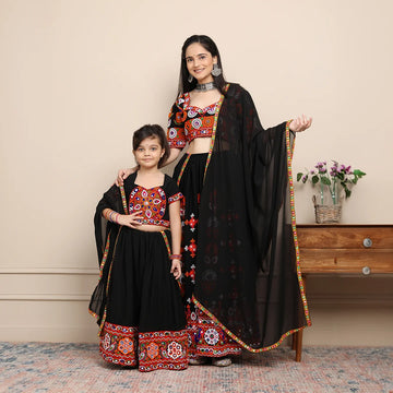 Exclusive Hand Embroidered Ethnic Black Chaniya Choli Set with Matching Dupatta Mom and Daughter Twin Set