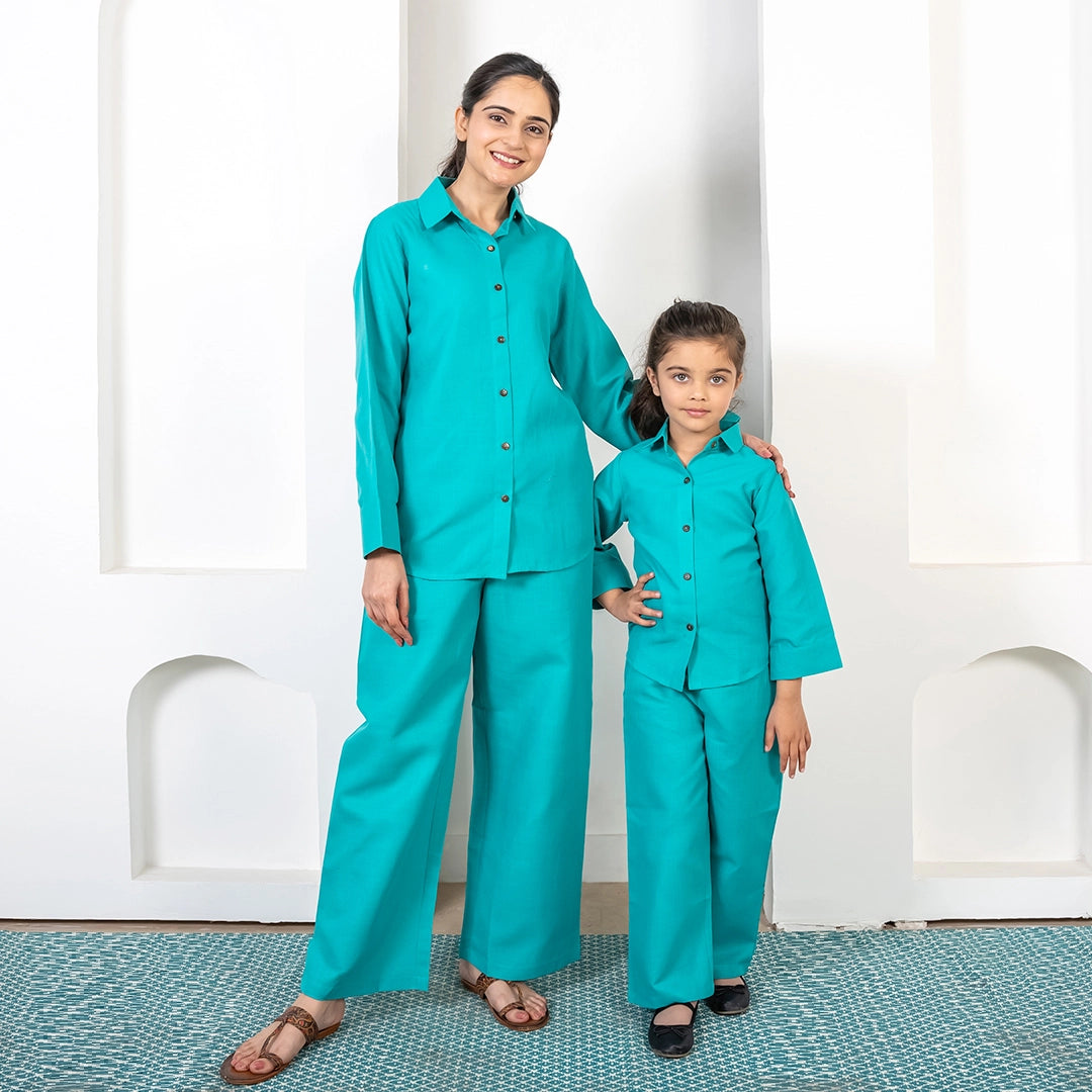 Comfy Cotton Matching Outfits - Mom & Daughter Teal Blue Co-Ord Set