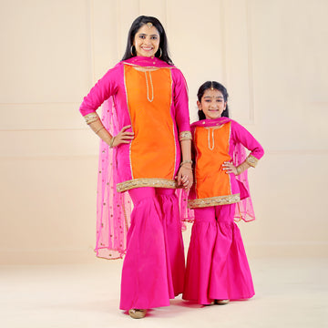 Noor Sharara Suit Set for Mom and Daughter in Orange & Pink