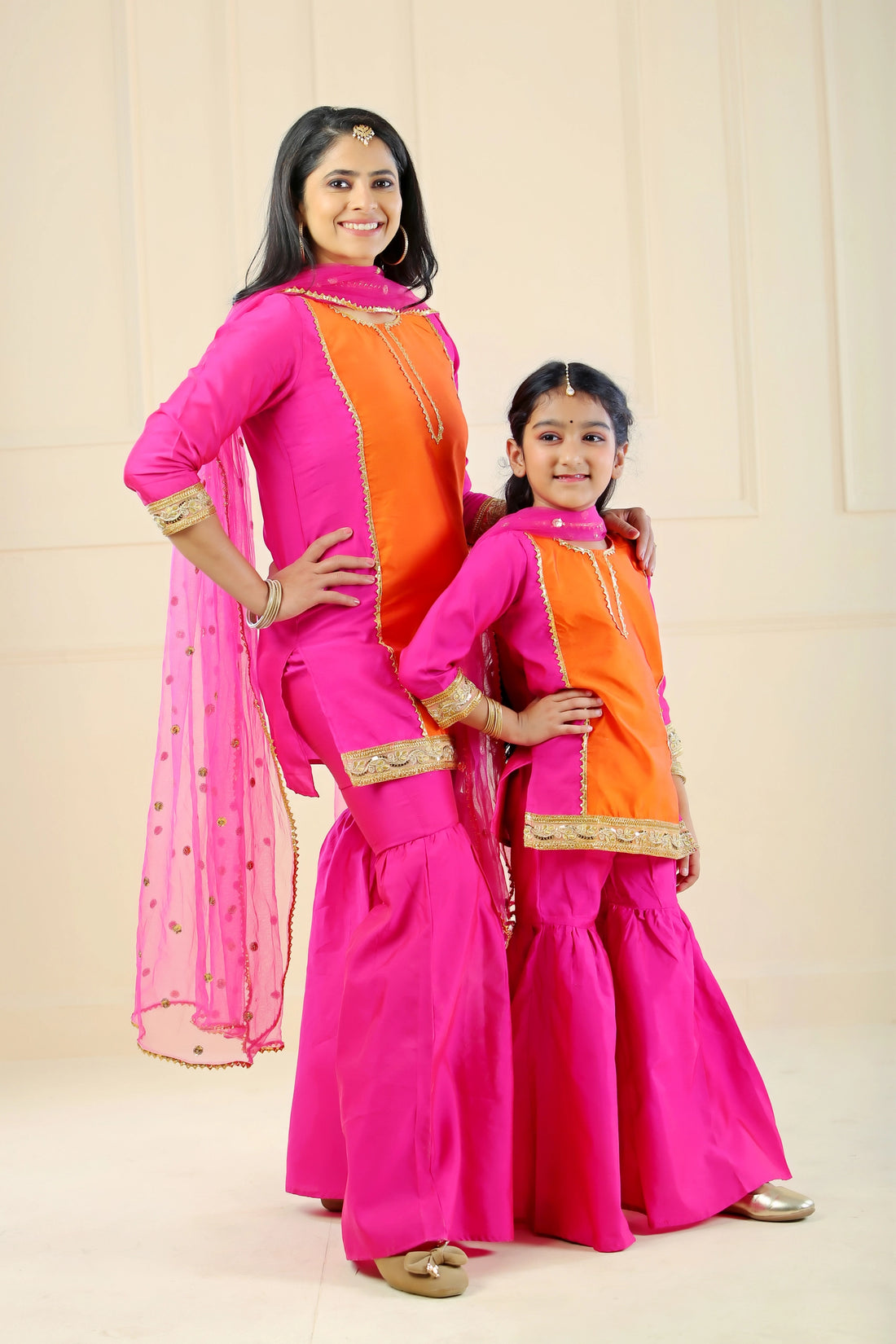 Noor Sharara Suit Set for Mom and Daughter in Orange & Pink