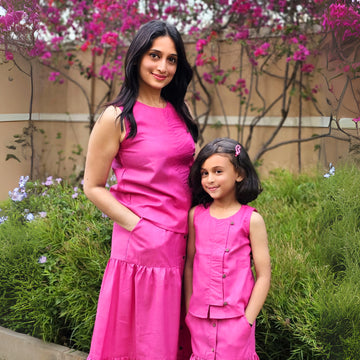 Matching Fuchsia Cotton Sleeveless Top and Skirt Set for Mom and Daughter