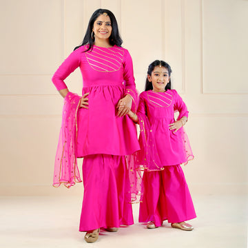 Rani Pink Mom and Daughter Matching Sharara Suit Set