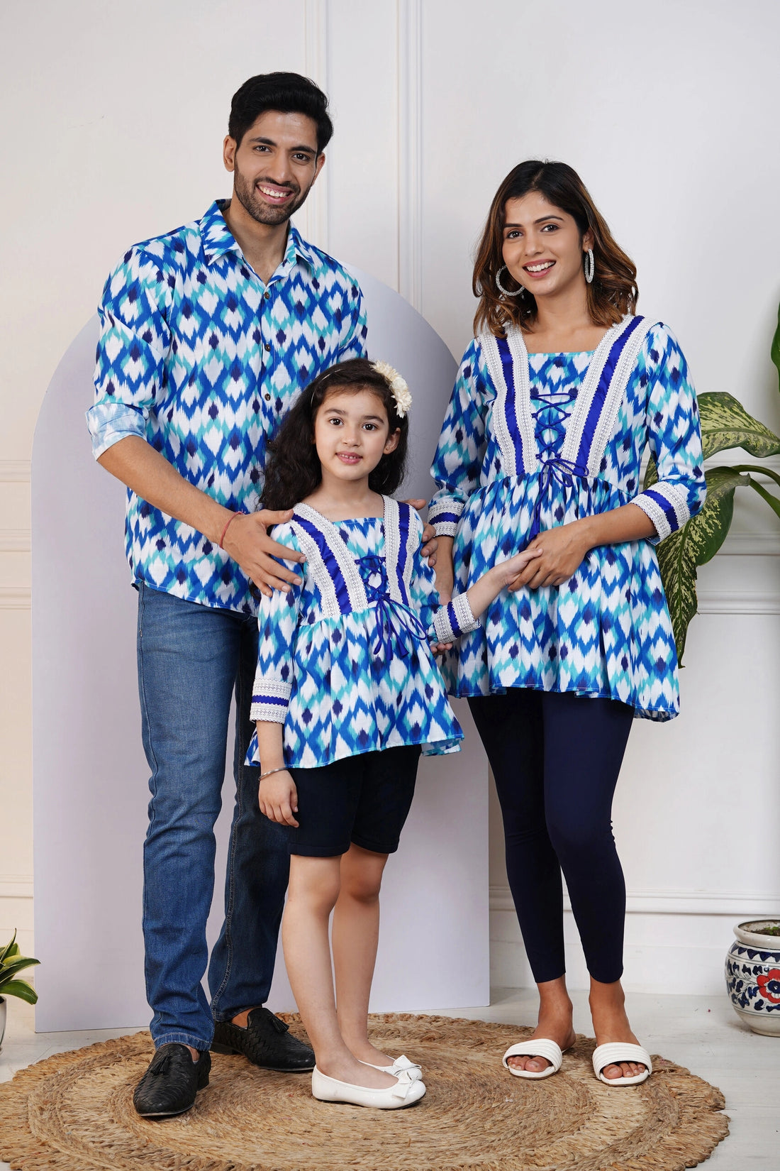 Stylish Navy Blue Ikkat Printed Top with Matching Shirt Family Set