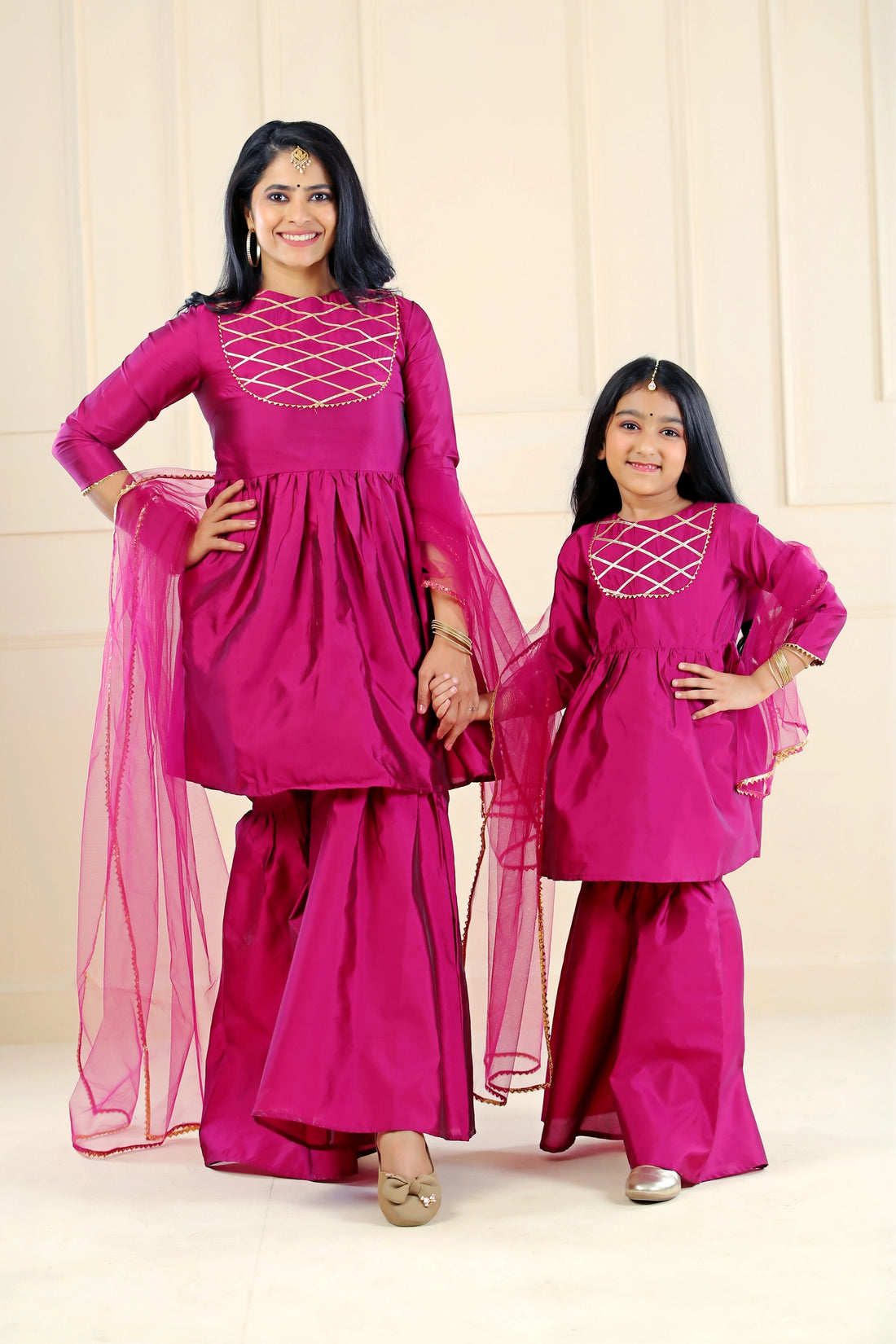 Matching Wine Noor Sharara Suit Set for Mom and Daughter